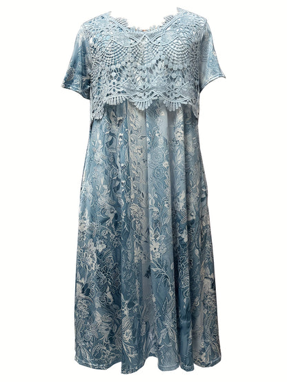 Plus Size Flower Print Midi Dress with Lace Neck and Short Sleeve
