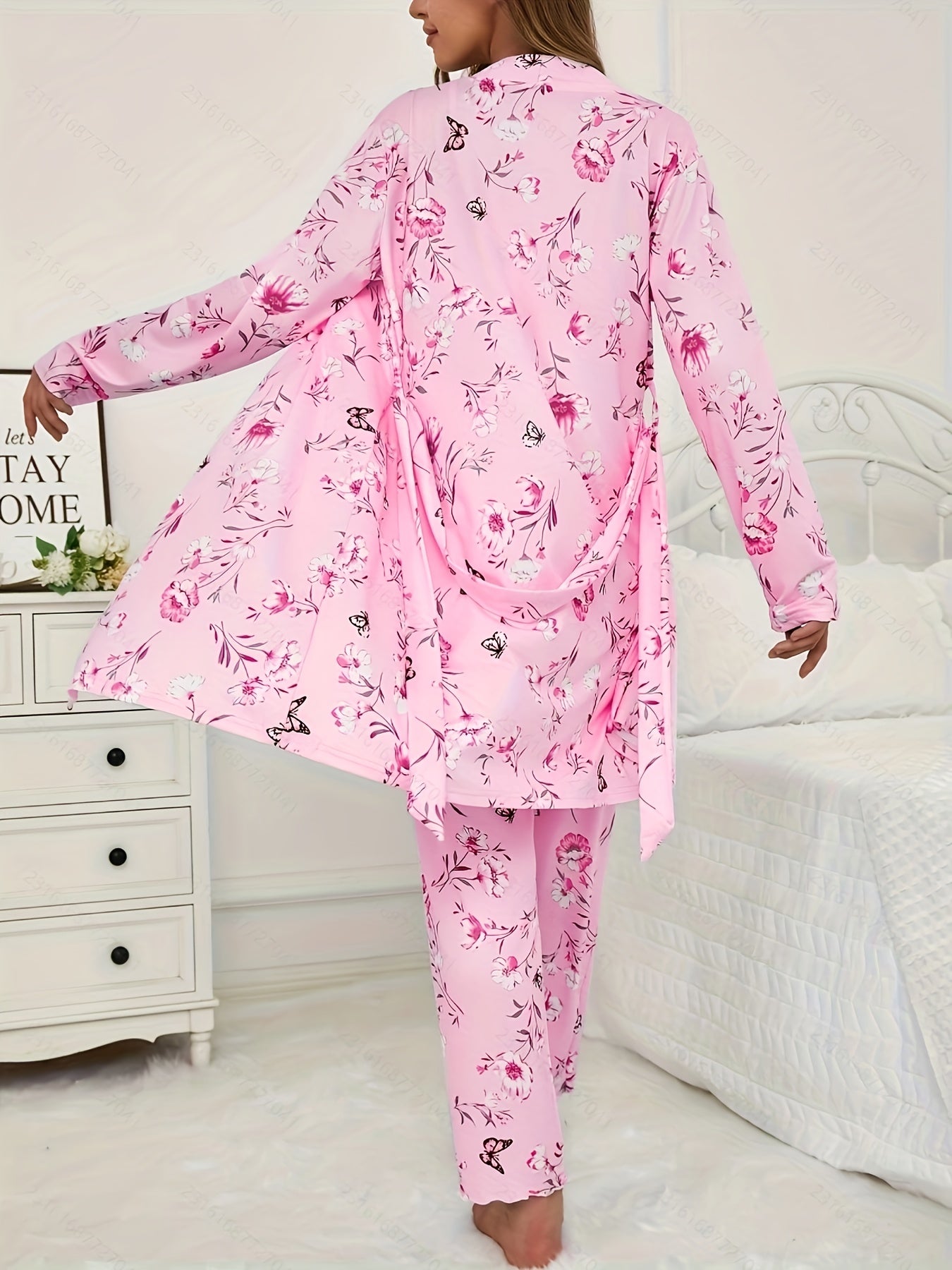 3pcs Floral And Butterfly Print Pajama Set - Long Sleeve Belted Robe & Cami Top & Pants Lounge For All Seasons