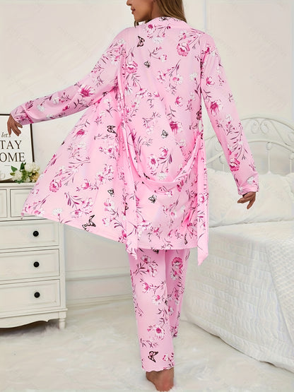 3pcs Floral And Butterfly Print Pajama Set - Long Sleeve Belted Robe & Cami Top & Pants Lounge For All Seasons