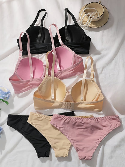 3 Sets Elegant Solid Color Polyamide Bra & Briefs Set, High Support Mid Rise Briefs with Non Removable Padding, Women's Lash Sets