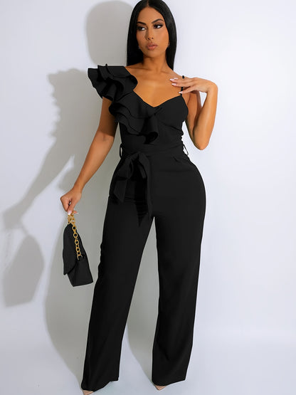 Womens Casual 1pc Jumpsuits V-Neck Sleeveless Ruffle Elegant Romper Wide Leg Pant Sexy Party Clubwear Overalls