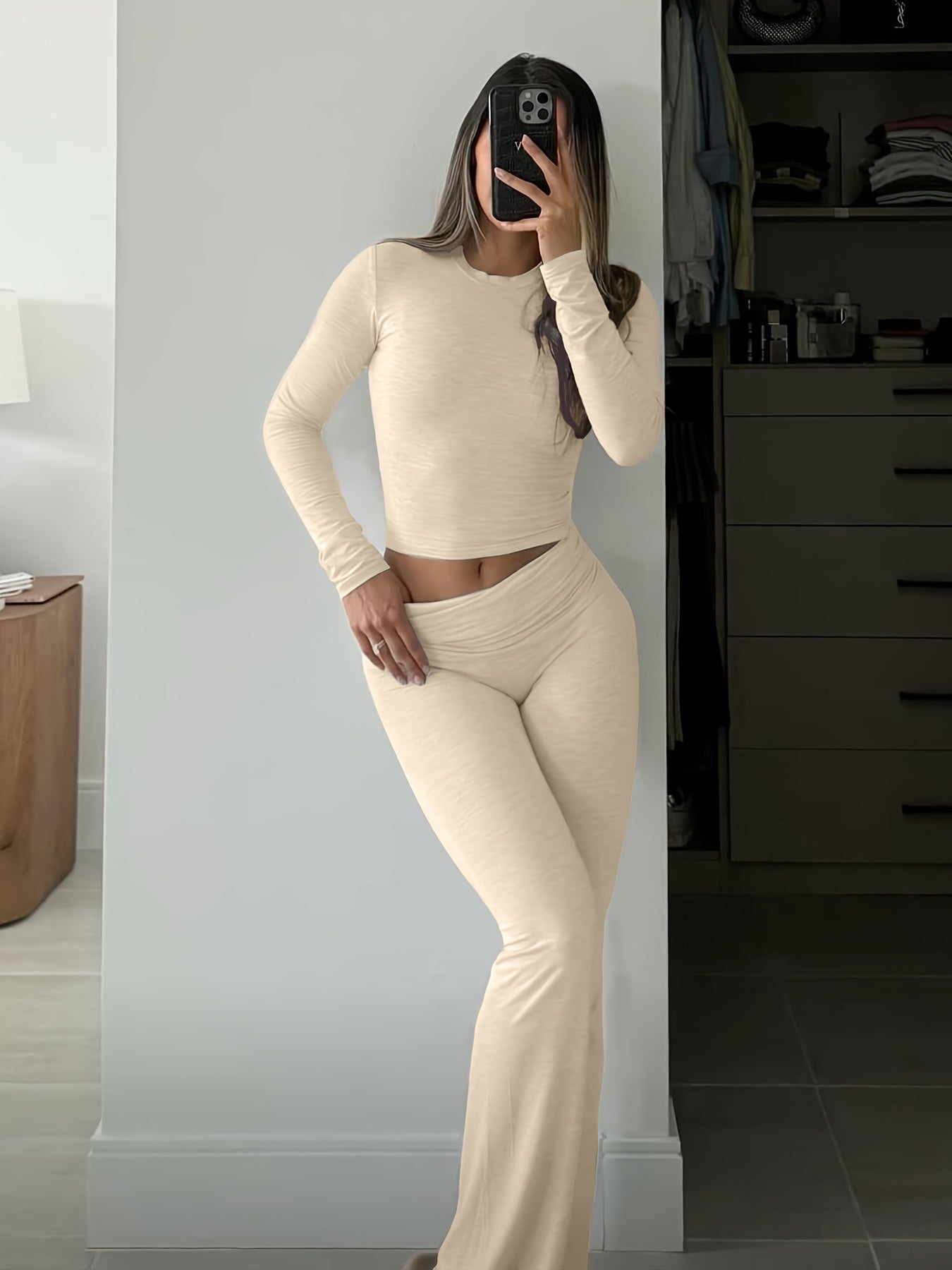 Casual Two Piece Outfits Long Sleeve High Waist Fold-Over Flare Flared Leggings Pants Sets Streetwear