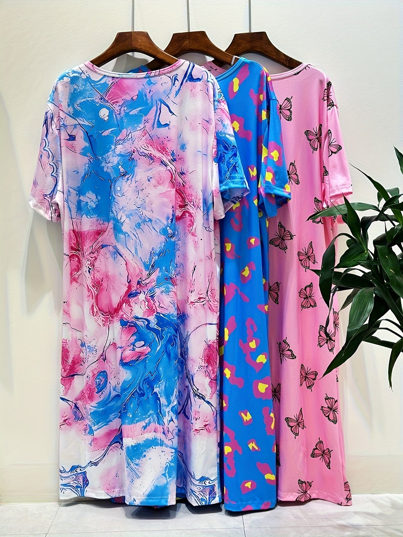 Set of 3 Plus-Size Nightgowns for Women Featuring a Casual Tie-Dye Print with Fruit And Cherry Designs in Shades of Pink