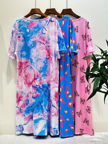 Set of 3 Plus-Size Nightgowns for Women Featuring a Casual Tie-Dye Print with Fruit And Cherry Designs in Shades of Pink
