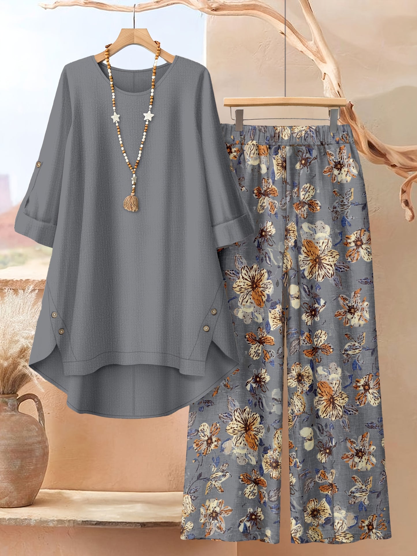 Plus Size, Plus Size - Plus Size - A Stylish 2pcs Ensemble Featuring Oversized Asymmetrical Button-Up Tops for Women, Matched with Printed Wide-Leg Trousers, Radiating Everyday Sophistication