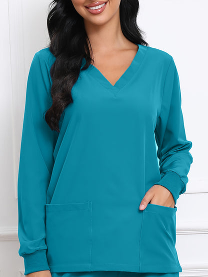 Women's V-Neck Long Sleeve Matte Breathable S Uniform Pockets Wash Clothes Work Shirt Scrubbing Top