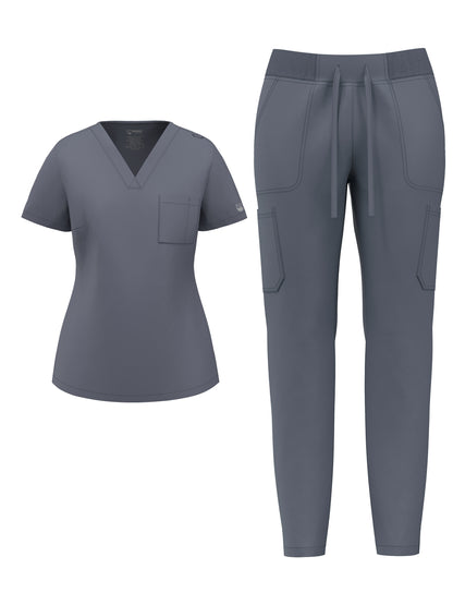 Women's Scrub Pants Set, Elastic Breathable Polyester Spandex Blend, V-Neck Short Sleeve with Pocket, Solid Color, for Work