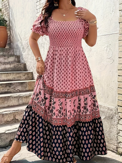 Plus Size - 1pc Spring Summer Mother'S Day Plus Size Women Elegant Bohemian Maxi Dress - Square Neck Puff Sleeve Smocked Bodice Floral Geometric Print Tiered Long Skirt Sophisticated Graceful Style For Vacation Beach Party Wear