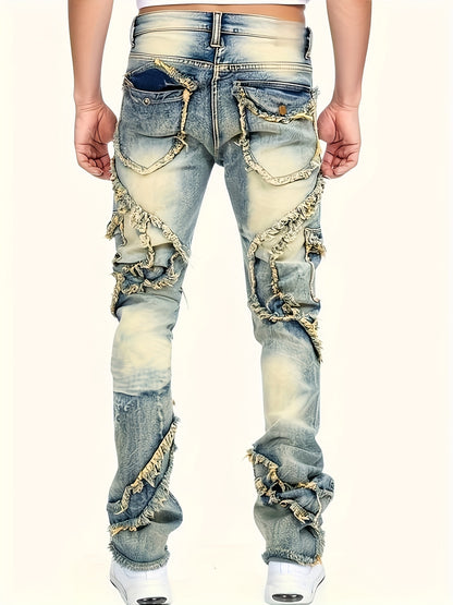 [HME] Men's Slim-fitting Straight-leg Jeans with A Patchwork Embroidery And Random Stitching Design, Fashionable And Versatile, Street Retro Style, Elastic Denim with Cotton Fabric, Heavy Washed And Nostalgic Snowflake Denim, Classic And Retro