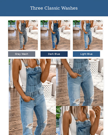 [Ripped Denim Jumpsuit] These Items Run Small; Please Check The Size Chart Before Ordering.New Style Sports Double-Shoulder Strap Ripped Denim Jumpsuit, Suitable For Weekend Outings And Easy Commuting, Fashionable And Comfortable!