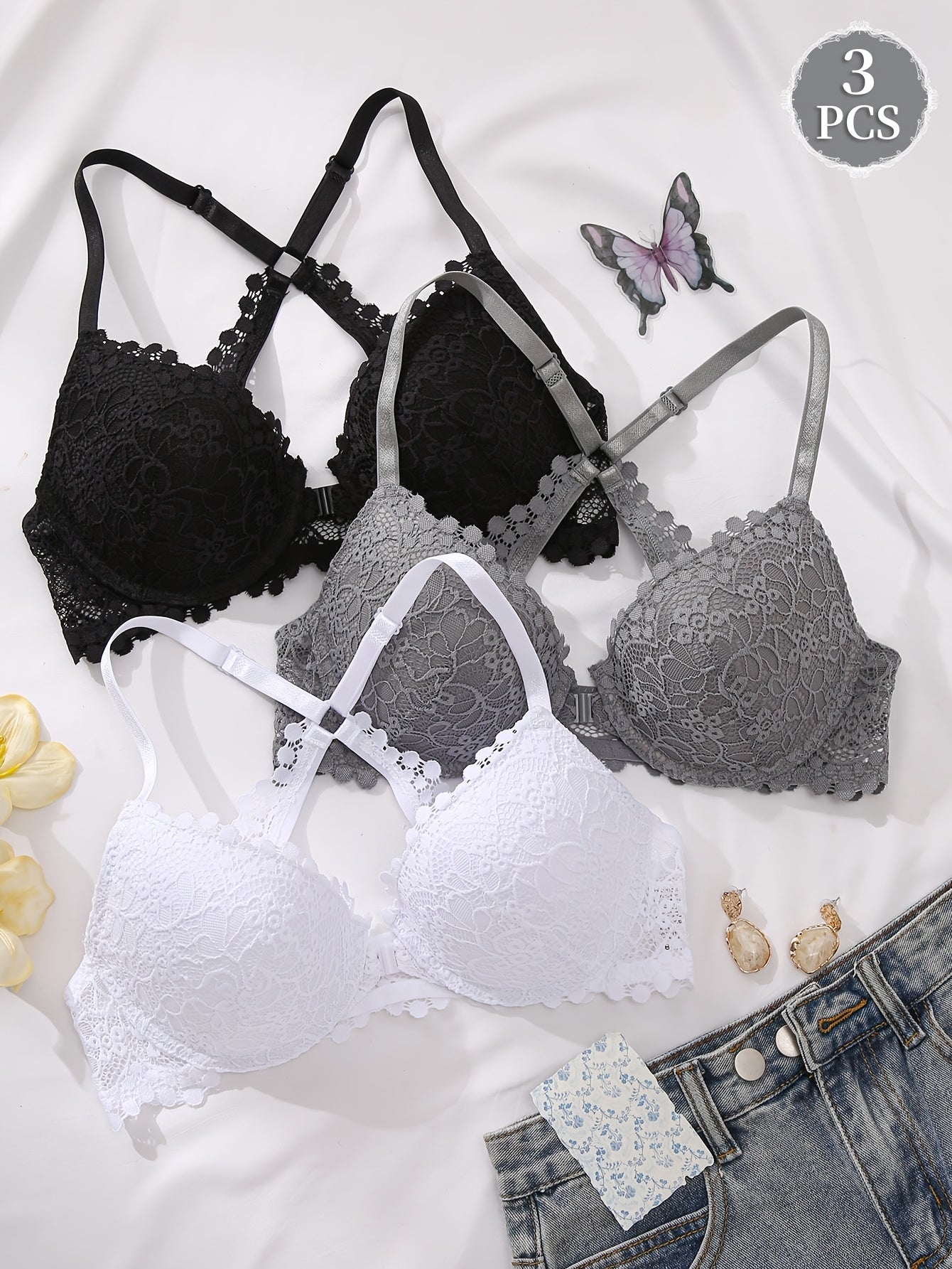 3pcs Women'S Lace Gathering Bra - Front Closure Design, Non-detachable Pads, Steel Band Support, Lace Design, Suitable For Daily And Special Occasion Lingerie, Elegant Lingerie, Lifting Bra, Women'S Lingerie, Gathering Bra.