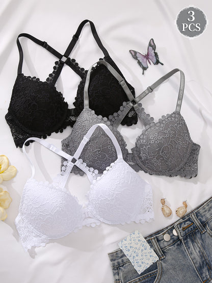 3pcs Women'S Lace Gathering Bra - Front Closure Design, Non-detachable Pads, Steel Band Support, Lace Design, Suitable For Daily And Special Occasion Lingerie, Elegant Lingerie, Lifting Bra, Women'S Lingerie, Gathering Bra.