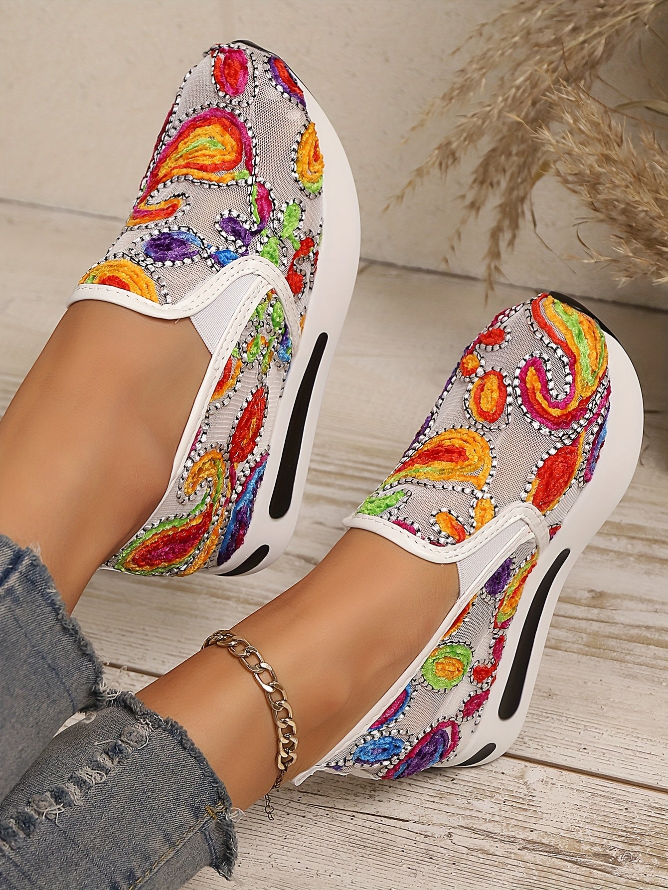 Five-color Floral Wedge Sneakers, Women's Embroidered Printed Comfortable Casual Sneakers, Suitable for All Four Seasons, Women Shoes