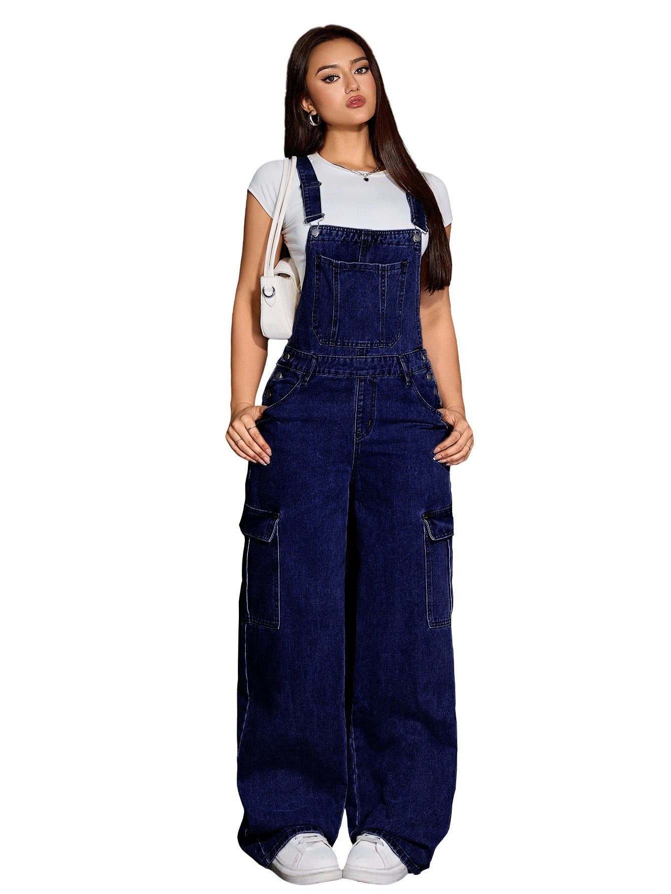 Women'S Denim Wide-Leg Cargo Jumpsuit with a Loose Fit, Baggy Design, And Adjustable Straps