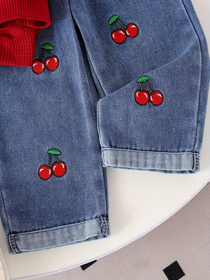 2pcs Baby Girls Set Notched Collar Ribbed Long Sleeve Faux Two-Piece Polo Shirt Cherry Embroidery Straight Leg Jeans Spring Fall Cute Casual Outdoor, for Outdoor