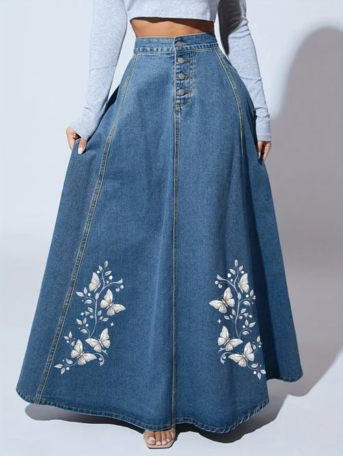Women's Light Blue Denim Floral Skirt - product view 1