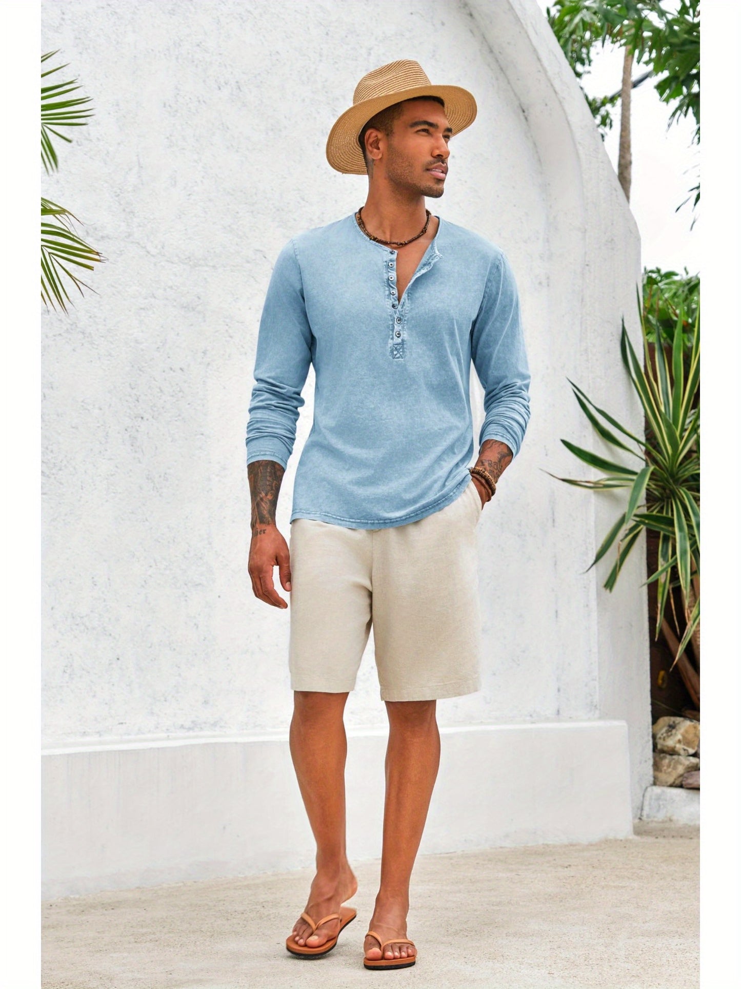 Men'S Distressed Henley Shirts with Front Placket, Retro Long Sleeve T-Shirts, Casual Button- Washed T-Shirts for Men