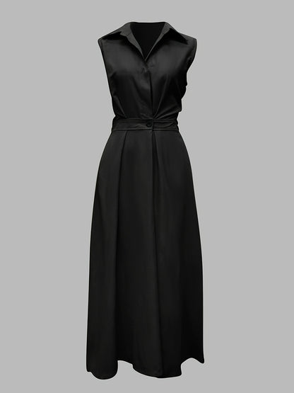 Sleeveless Solid Color Lapel Long Dresses Midi Dresses