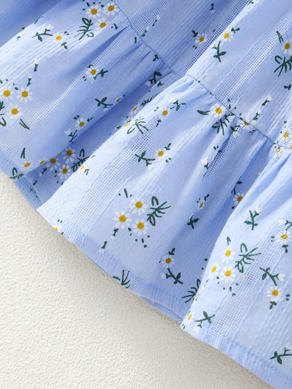 3pcs Casual Baby Girl Blue Dress Set, Small Floral Print and Ruffled Hem Design, with Cute Bag Bow Decoration and Sun Hat, Spring/Summer Princess Drdoor Wedding Occasion, Sister and Little Sister Dresses, Gift