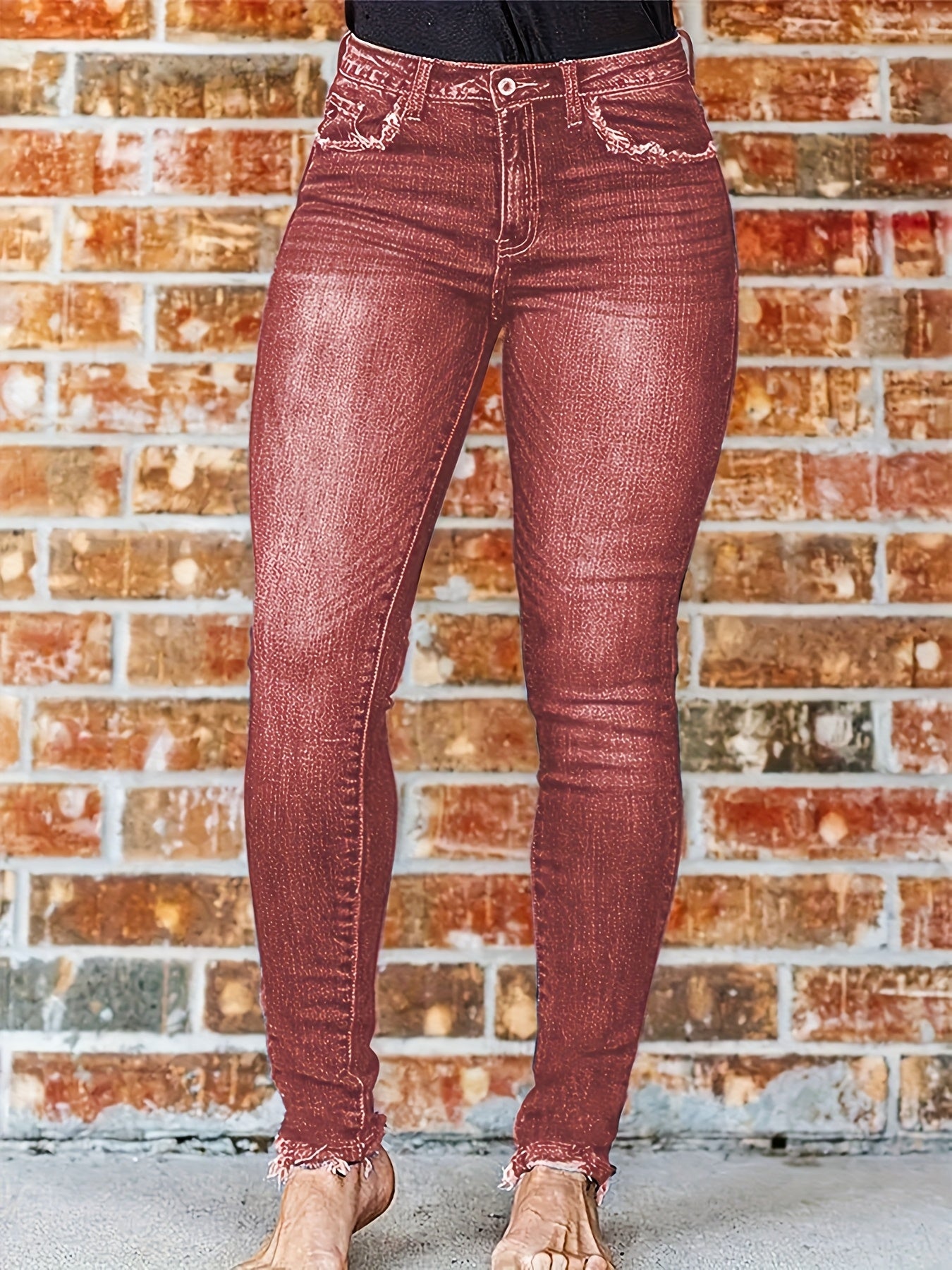 Women's Blue Elastic Denim Leggings with A Fuzzy Edge That Slims The Figure