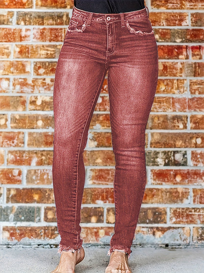 Women's Blue Elastic Denim Leggings with A Fuzzy Edge That Slims The Figure