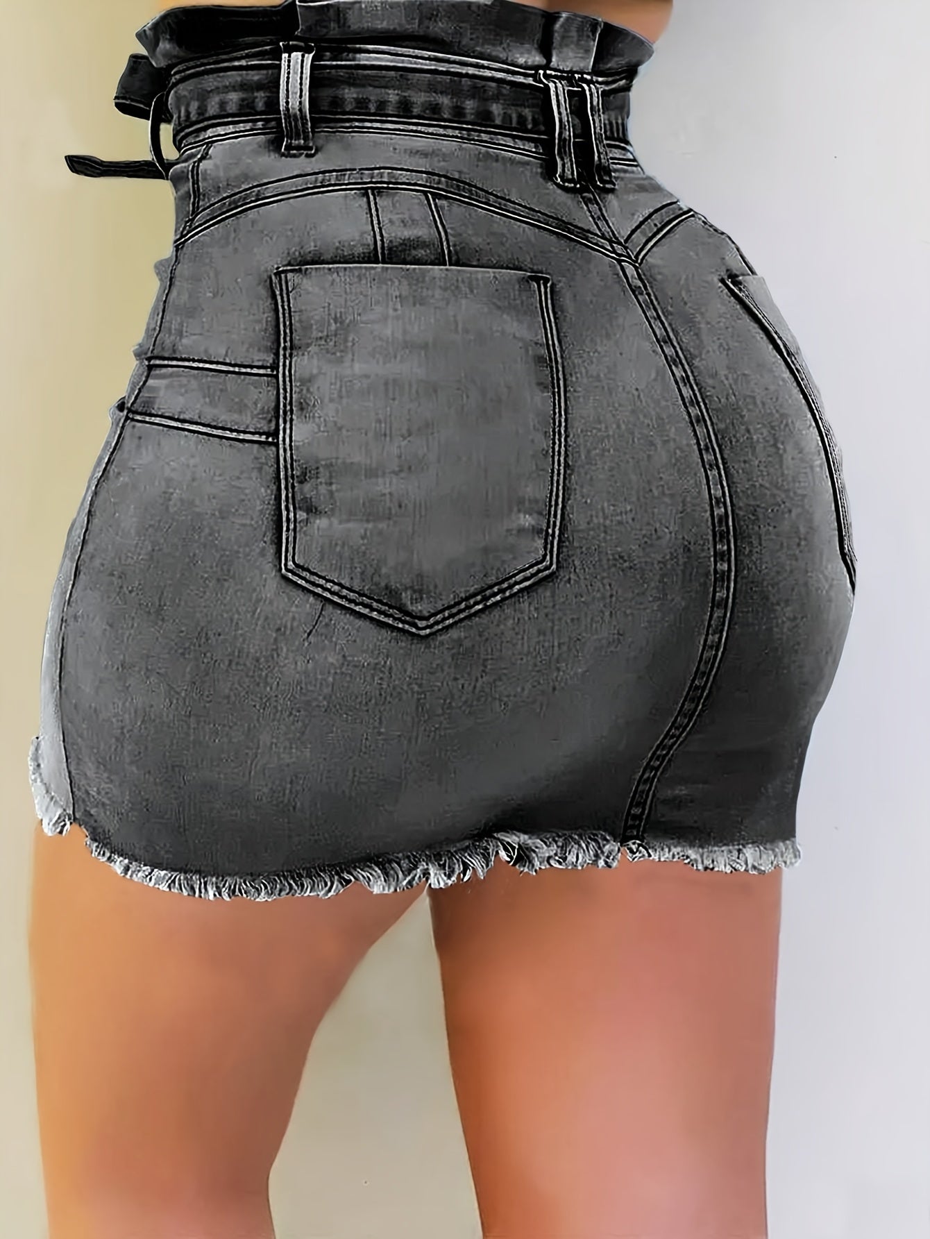Women's Solid Color Denim Skirt with Waist, Headband, Tight Fitting Waist And Hips, with Access Control Buttons And Frayed Hem Suitable for Daily Wear In Summer
