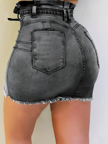 Women's Solid Color Denim Skirt with Waist, Headband, Tight Fitting Waist And Hips, with Access Control Buttons And Frayed Hem Suitable for Daily Wear In Summer