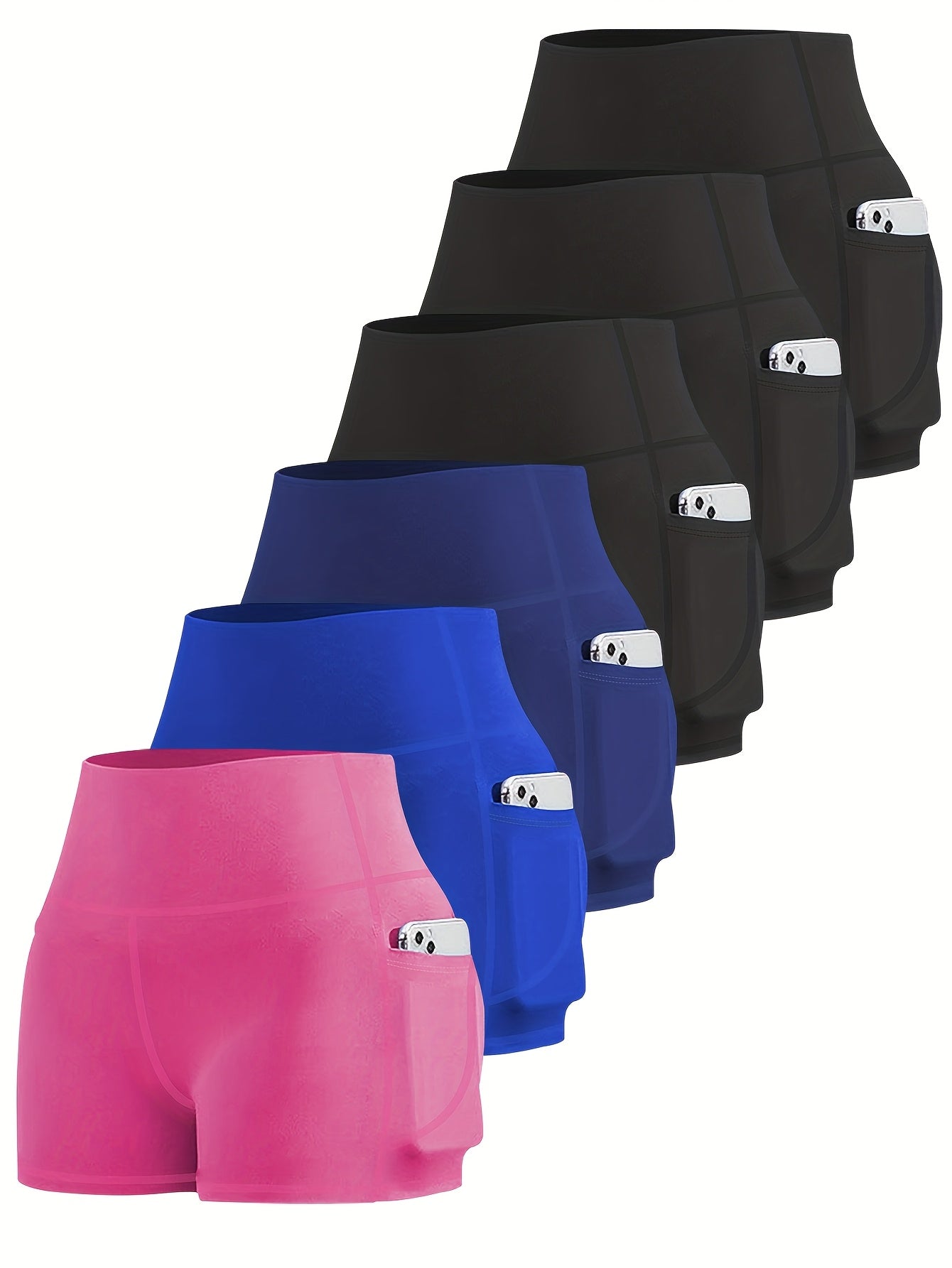 6-pack Plus Size Women'S Sports Shorts High Waist Hip Lifting Yoga Shorts With Pocket Three-quarter Pants Gym Running Exercise Fitness Shorts