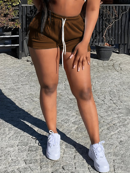 CharmGlow Summer Casual y Solid-color Drawstring High-waisted Women's Shorts