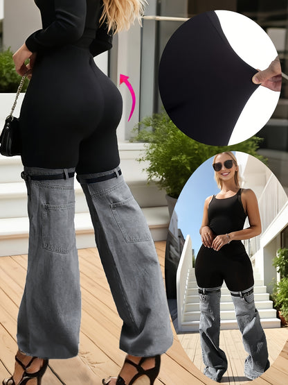 Women'S High Waist Two Tone Patchwork Flare Pants, Black Slim Fit Leggings with Light Wash Denim Bell Bottom Legs And Adjustable Buckle Strap Design for Y2K Streetwear, Perfect for Retro Streetwear Looks