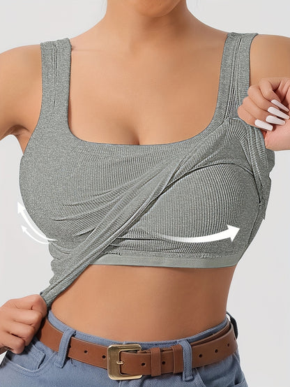 A Plain Scoop Neck Tank Top, Perfect for Casual Summer Wear, Featuring Removable Chest Padding for a Slim Fit, Designed for Women