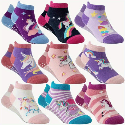 9/18 Pairs Of Baby Girls Toddlers Grips Socks Kids Non Slip Anti Skid Ankle Unicorn Cotton No Show Socks with Grippers Gift Socks