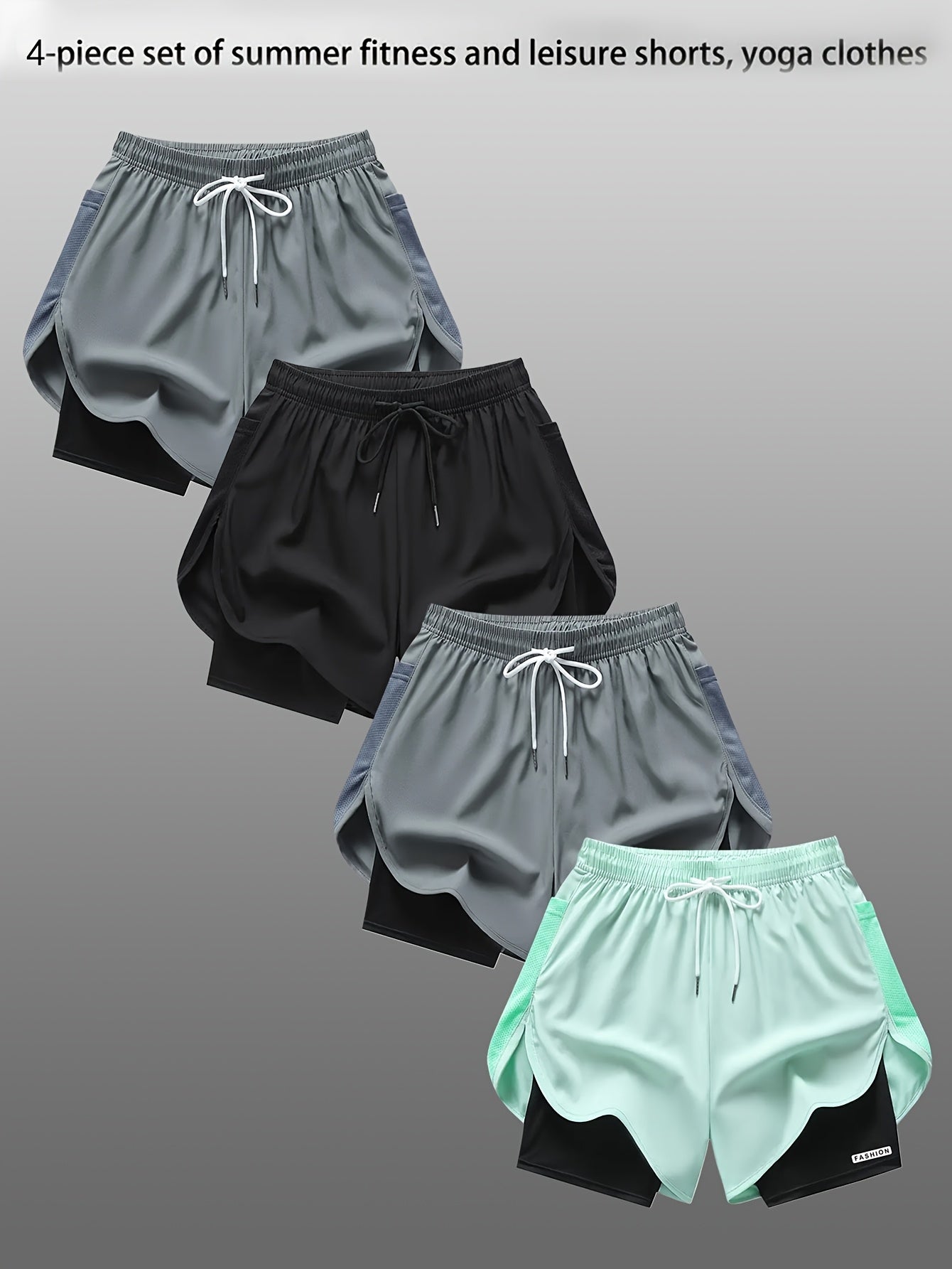 4pcs Summer Women's Casual Sports Shorts, Featuring A Two-piece Layering Design with Letters Suitable for Running And Casual Fitness, Come In Black, Gray, Green And