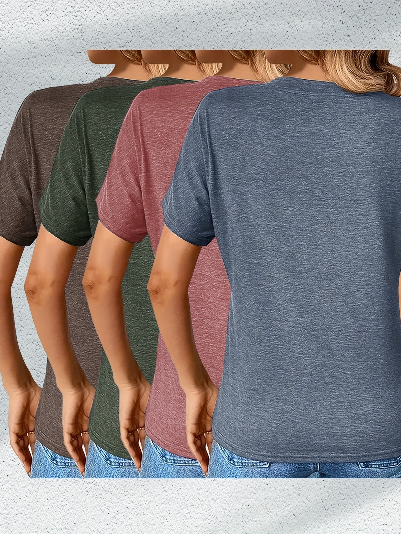 4pcs Women's Casual Rayon Short Sleeve T-Shirts- Pink, Olive Green, Dark Gray, and Brown Solid Color Crew Neck Tops, Machine Washable Four Seasons Comfortable Version, Women's T-Shirts