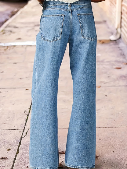 Women's High-Waisted Washed Embroidered Jeans - Straight Leg Pants with Beltless Design, Stretch & Machine Washable for All-Season Wear (Casual & Dressy)