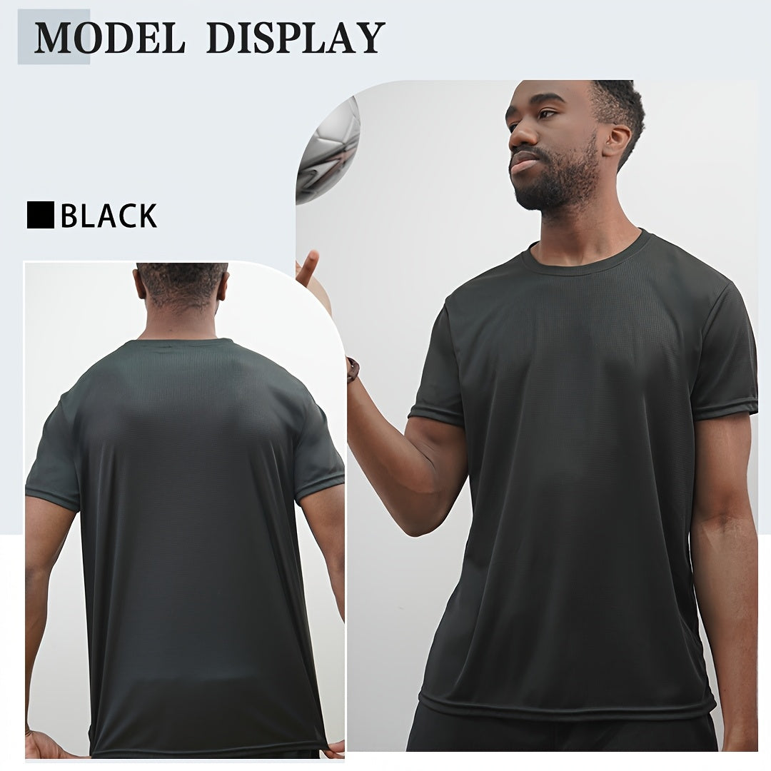 5pcs Men'S Summer Loose Crew Neck Short Sleeve T-Shirt - Check Fabric Top-Moisture-absorbent, Breathable, Soft And Comfortable For Daily Sports, Fitness And Training