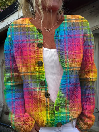 Women's 3D Print Colorful Plaid Cardigan - Long Sleeve Open Front Button-Up with Pockets, Soft All-Season Sweater for Casual & Formal Outfits, Office Wear, Elegant Outerwear, Durable Knitwear