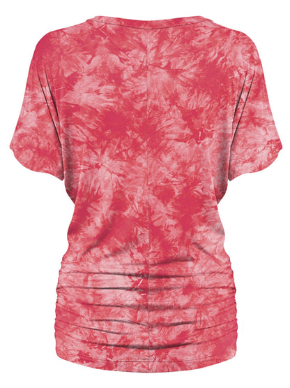 Women's Short Sleeve V Neck Tie-Dye Dolman Top w/Side Shirring