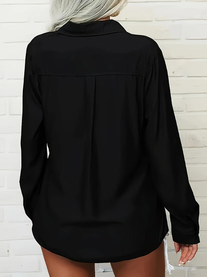 Women's Solid Color Lapel Long Sleeve Button- Shirt - Casual & Office Versatile Blouse, Machine Washable Spring/Fall Top with Classic Collar Design