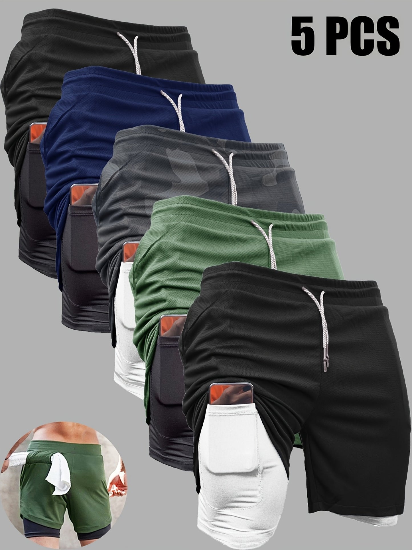 5pcs High Stretch Sports Shorts 5pcs Men'S 2-in-1 Double Layer Shorts With Inner Pocket, High Stretch Sports Shorts For Summer Gym Workout Training