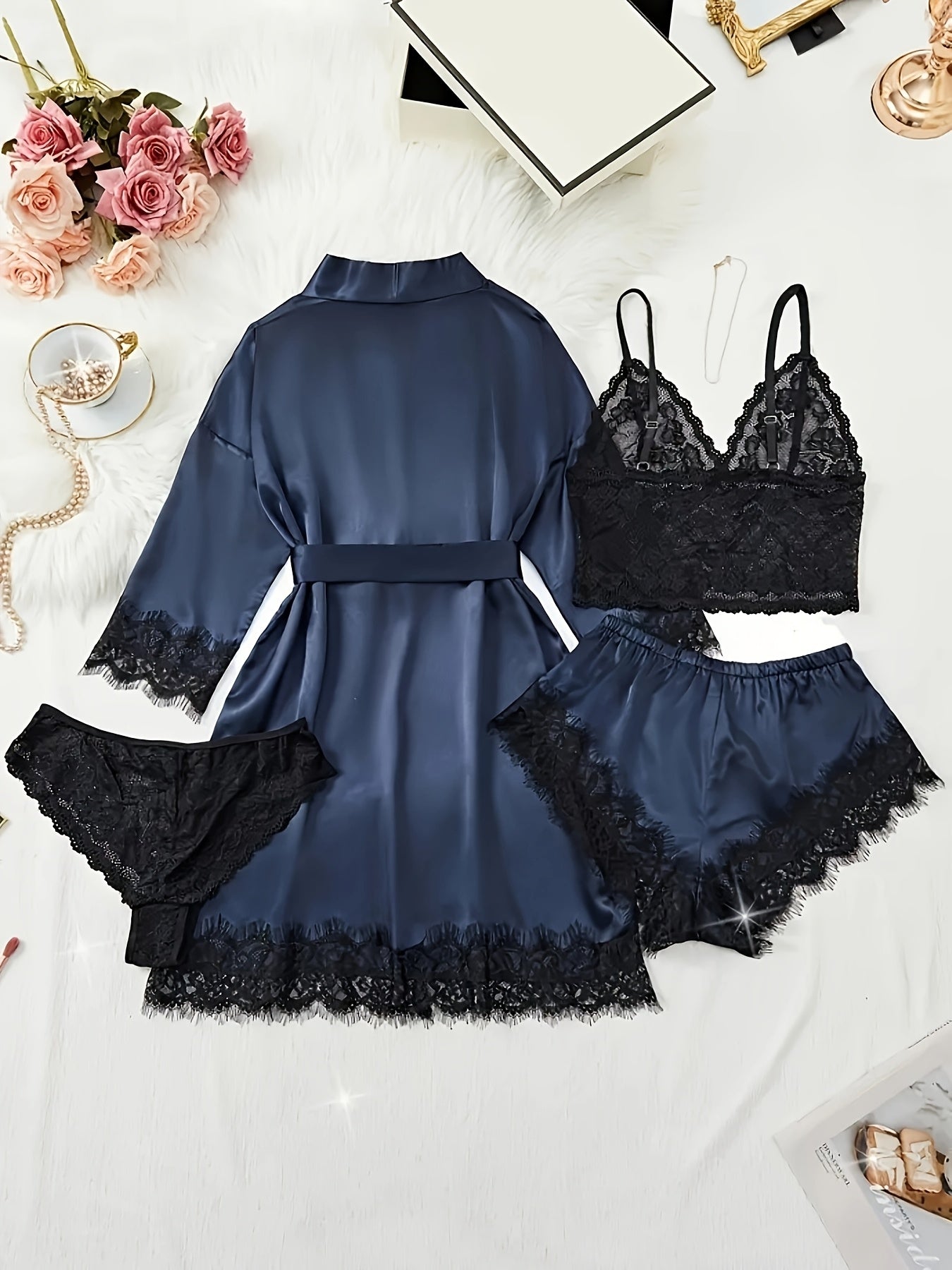 Women's Satin Fabric Pajama Set, Floral Lace Camisole Sleepwear and Robe 4pcs Set, Sexy Plus Size Nightwear with Pants and Belt, Loungewear