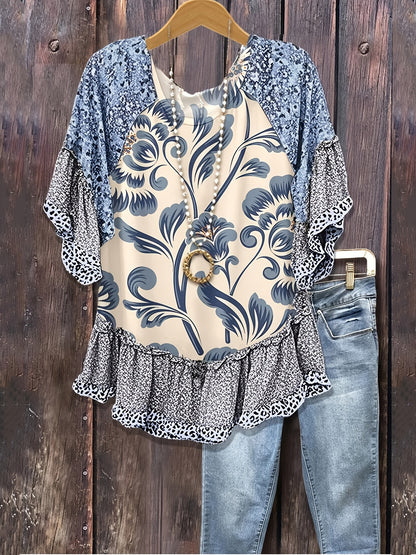 Mixed Floral Print Loose Top, Leopard Print Patchwork, Flared Three-quarter Sleeves, Women's Clothing