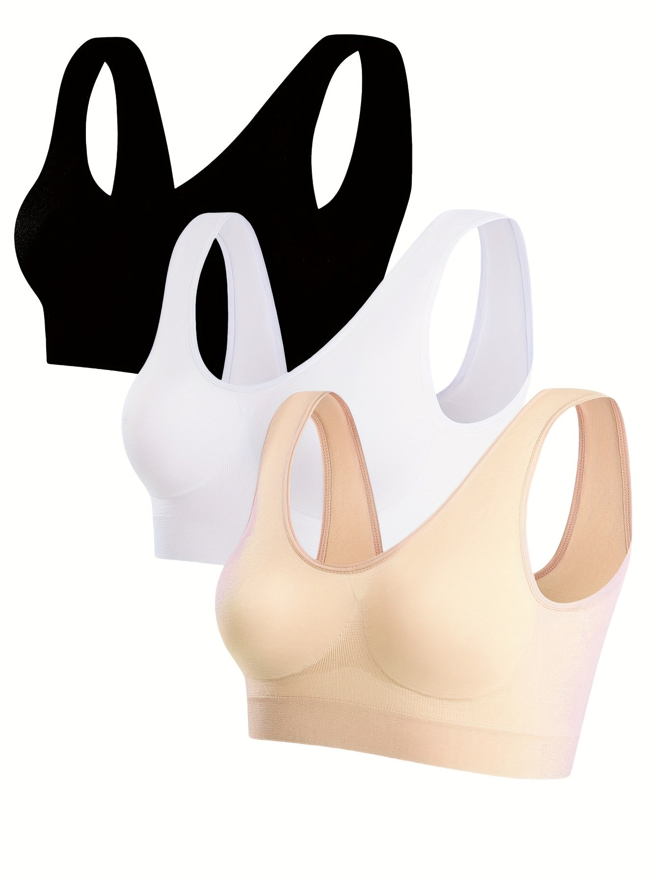 3pcs Women's Seamless Comfort Sports Bras - Thin Single-Layer No Padding Ribbed Nylon Vest Style, Elastic Breathable Backless Design for Gym, Yoga & Casual Wear (Black, White, Beige), Gym Workout Accessories, Smooth Texture Finish, Activewear Essentials,