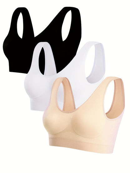 3pcs Women's Seamless Comfort Sports Bras - Thin Single-Layer No Padding Ribbed Nylon Vest Style, Elastic Breathable Backless Design for Gym, Yoga & Casual Wear (Black, White, Beige), Gym Workout Accessories, Smooth Texture Finish, Activewear Essentials,