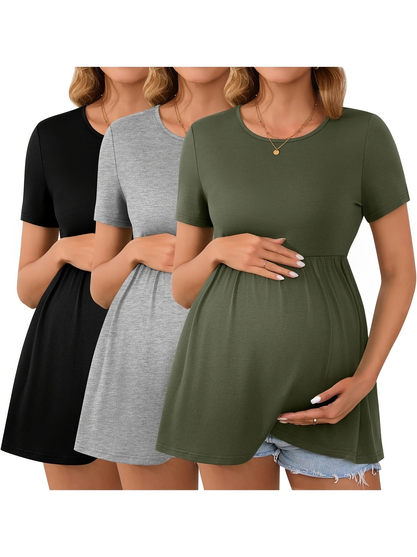3 Packs Women'S Maternity Tops Short Sleeve Scoop Neck Elastic Band High Waist Shirts Pregnancy Clothes