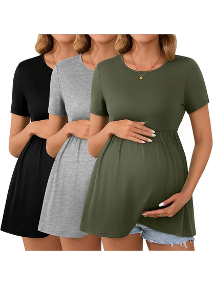 3 Packs Women'S Maternity Tops Short Sleeve Scoop Neck Elastic Band High Waist Shirts Pregnancy Clothes