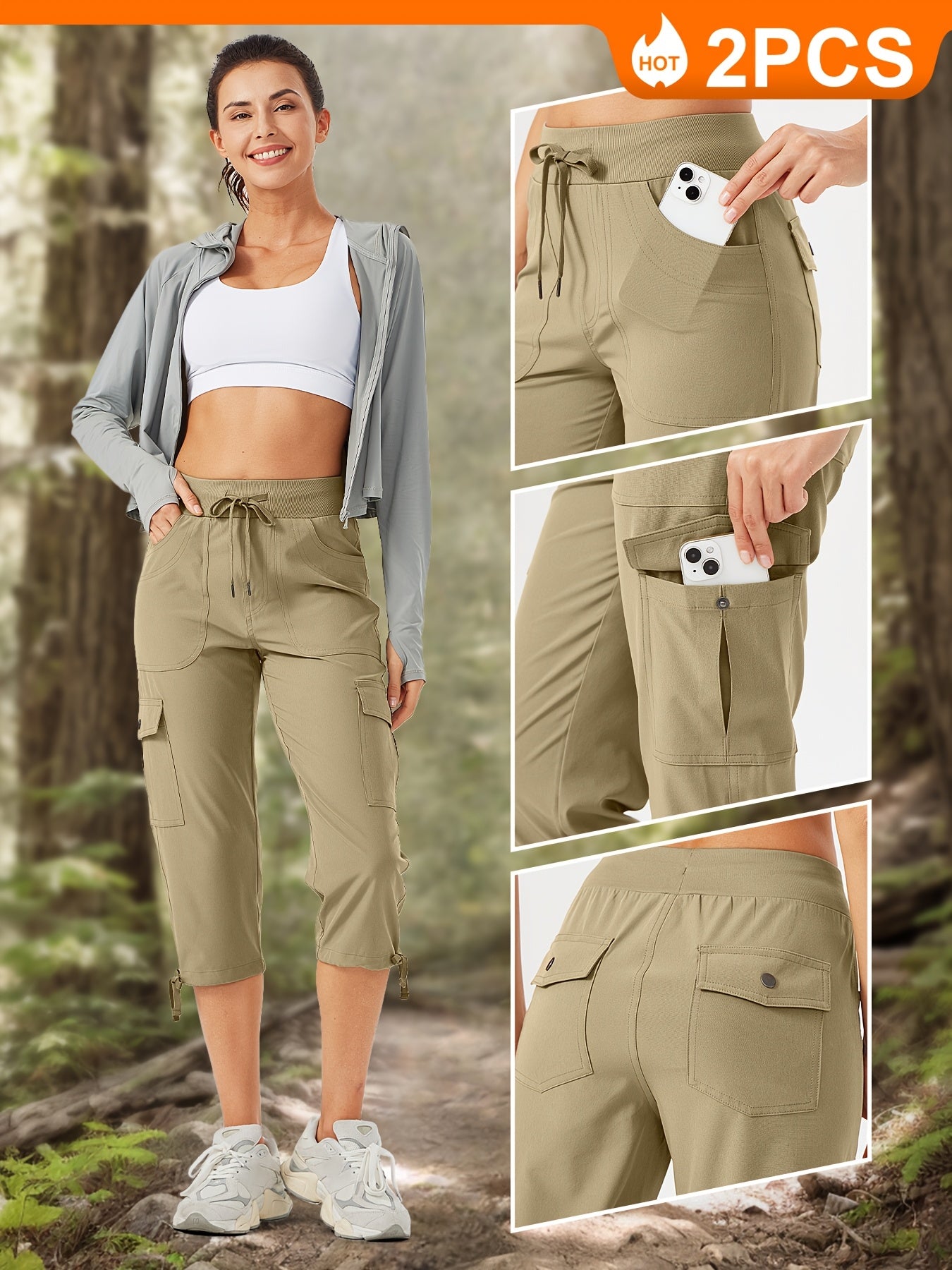 2pcs Women'S Cargo Capris Hiking Pants 50+ Quick Dry Outdoor Athletic Travel Lightweight Casual Loose Comfy Cute Pockets