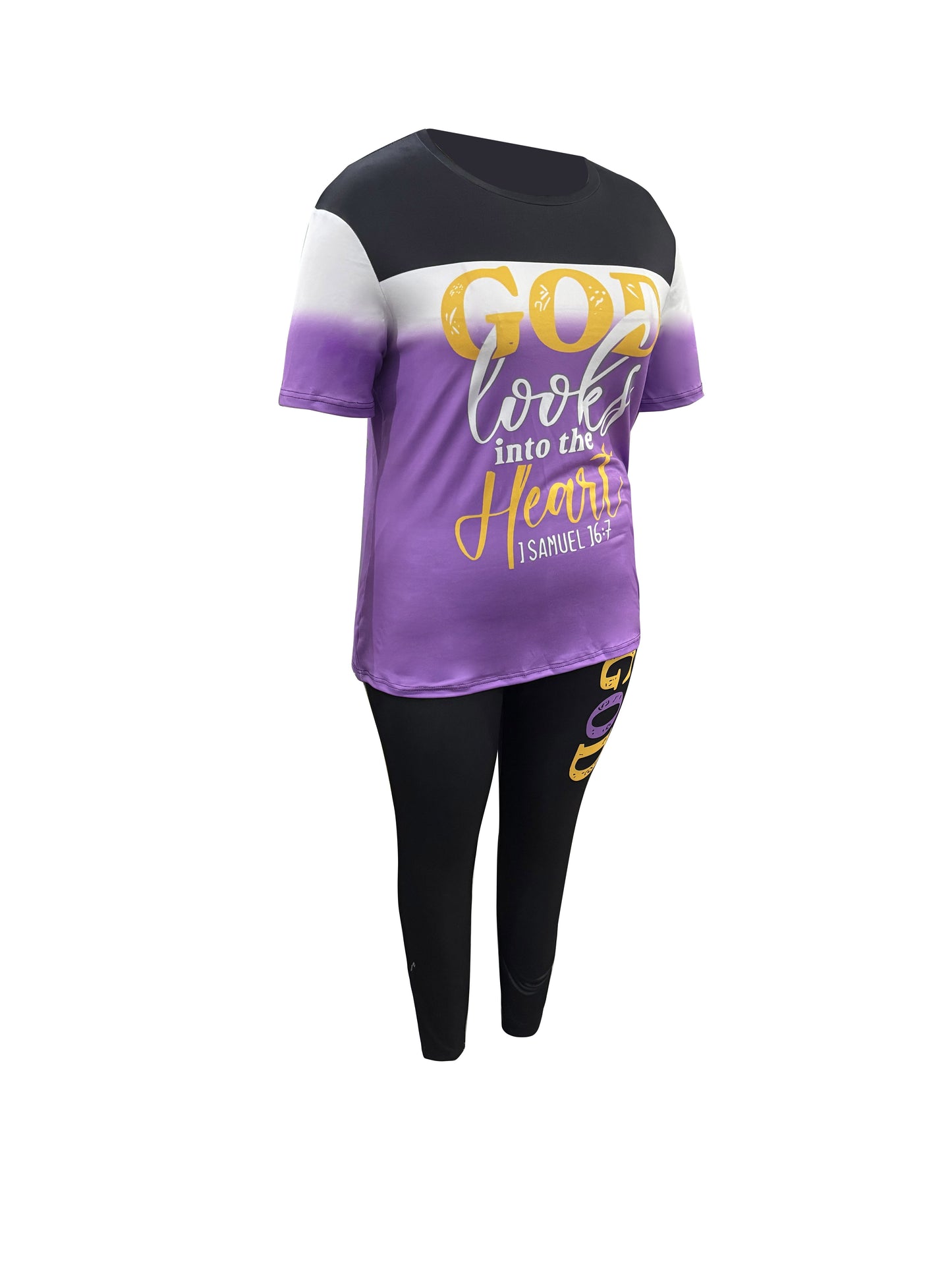 Plus Size, Women's Short-sleeve Long-pants Suit, Gradient Color with God Letter Print, Pants Have Pockets