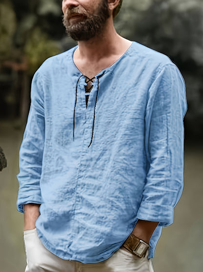Collection of 3 Lightweight Summer Shirts for Men Featuring a Trendy Retro Design, Perfect for Casual Everyday Wear with Long Sleeves And a V-Neck Lace-Up Style