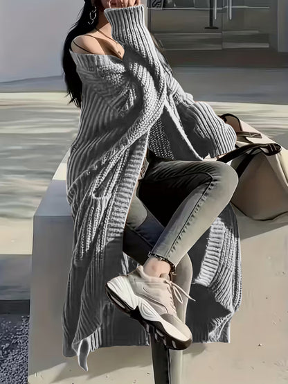 Plus Size, Solid Color Plus-Size Women's Long Pocket Cardigan Loose Over-the-Knee Sweater Coat Fashion Versatile Outerwear